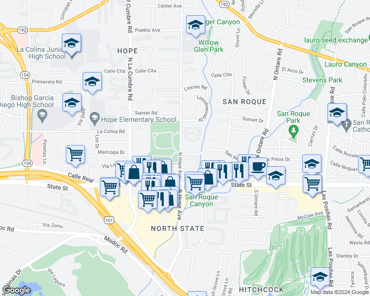 map of restaurants, bars, coffee shops, grocery stores, and more near 44 North Hope Avenue in Santa Barbara