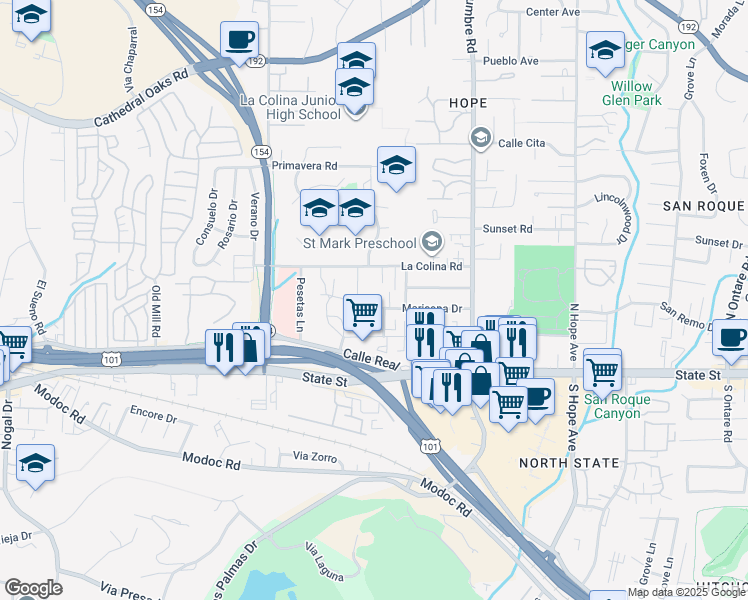 map of restaurants, bars, coffee shops, grocery stores, and more near 3994 Maricopa Drive in Santa Barbara