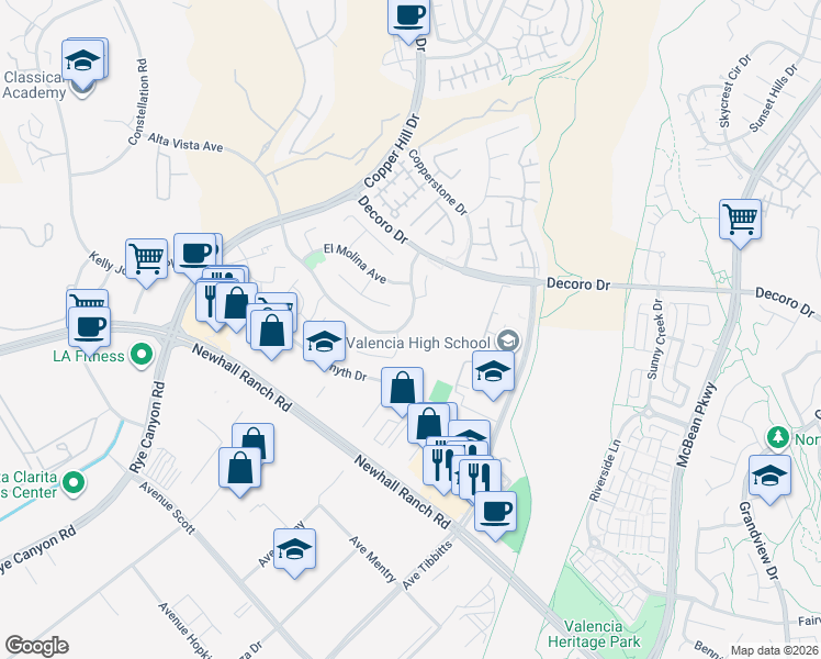 map of restaurants, bars, coffee shops, grocery stores, and more near 27879 Alta Vista Avenue in Santa Clarita