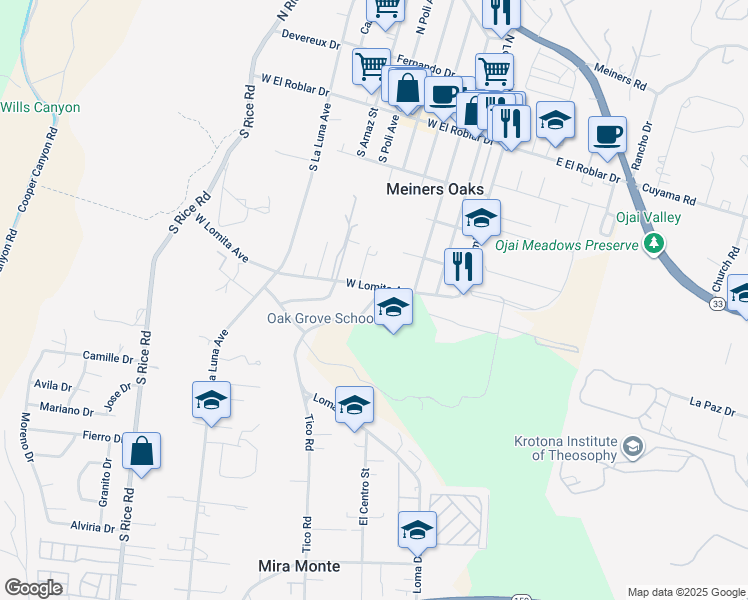 map of restaurants, bars, coffee shops, grocery stores, and more near 561 Tico Road in Ojai