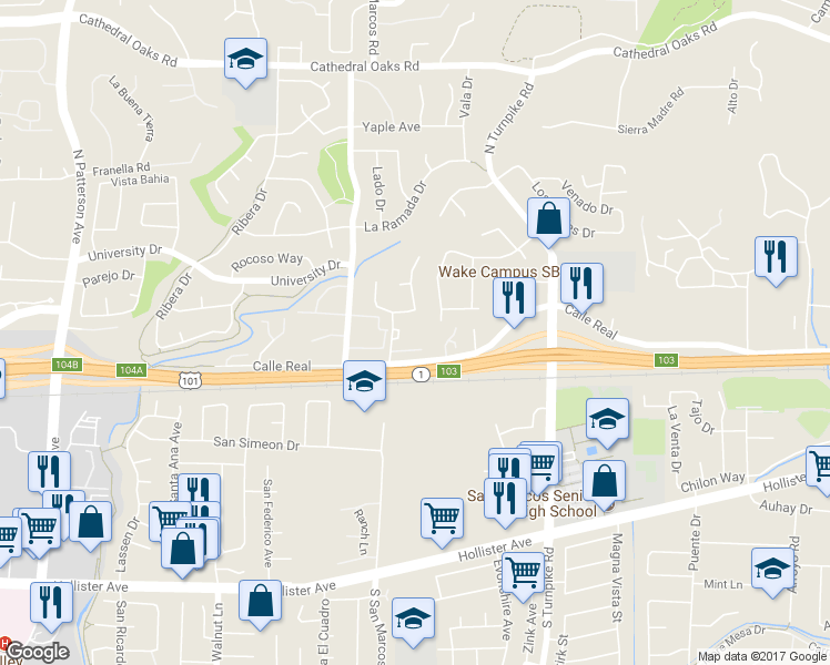 map of restaurants, bars, coffee shops, grocery stores, and more near 150 Pebble Hill Drive in Santa Barbara
