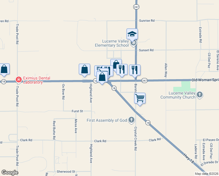 map of restaurants, bars, coffee shops, grocery stores, and more near 32733 California 18 in Lucerne Valley