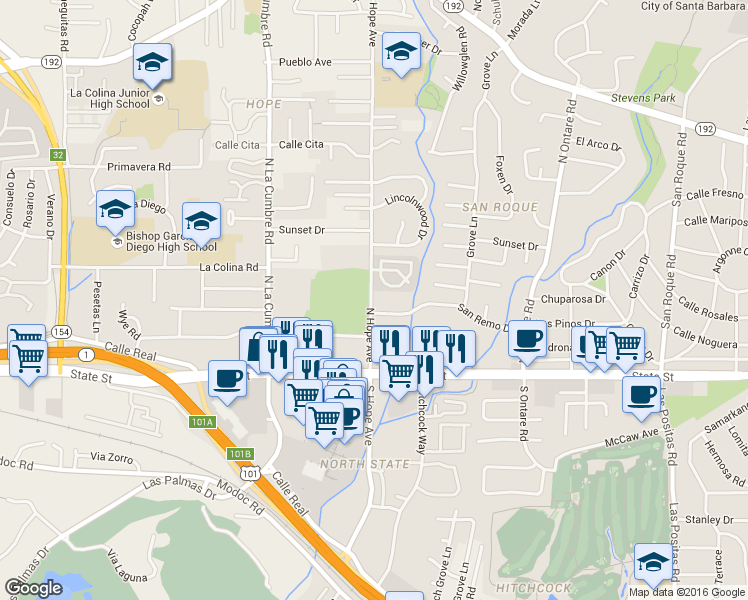 map of restaurants, bars, coffee shops, grocery stores, and more near 44 North Hope Avenue in Santa Barbara