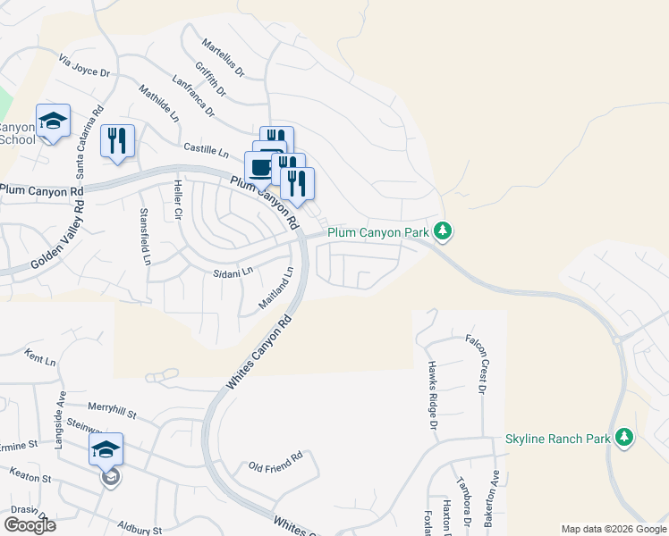 map of restaurants, bars, coffee shops, grocery stores, and more near 28526 Damson Lane in Santa Clarita