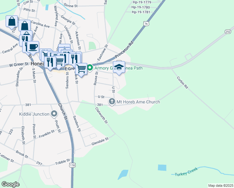 map of restaurants, bars, coffee shops, grocery stores, and more near 110 U Street in Honea Path