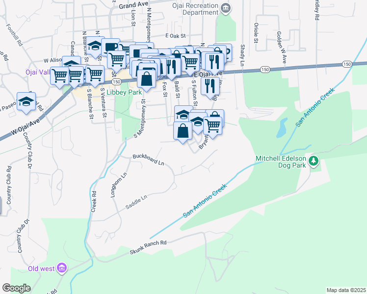 map of restaurants, bars, coffee shops, grocery stores, and more near 418 Bryant Circle in Ojai