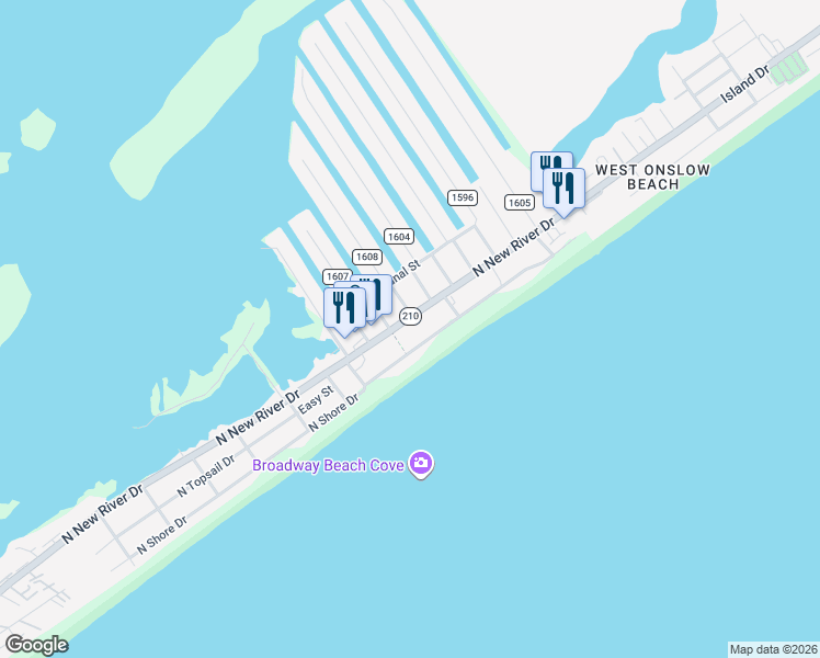 map of restaurants, bars, coffee shops, grocery stores, and more near 1808 North New River Drive in Surf City