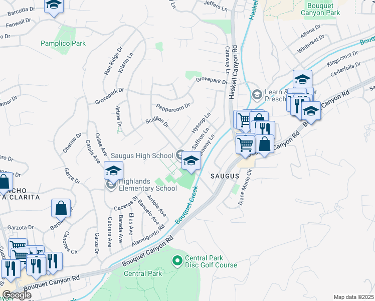 map of restaurants, bars, coffee shops, grocery stores, and more near 27538 Saffron Lane in Santa Clarita