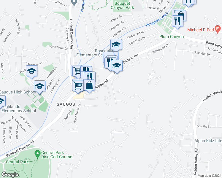 map of restaurants, bars, coffee shops, grocery stores, and more near 27715 Sutters Pointe Drive in Santa Clarita