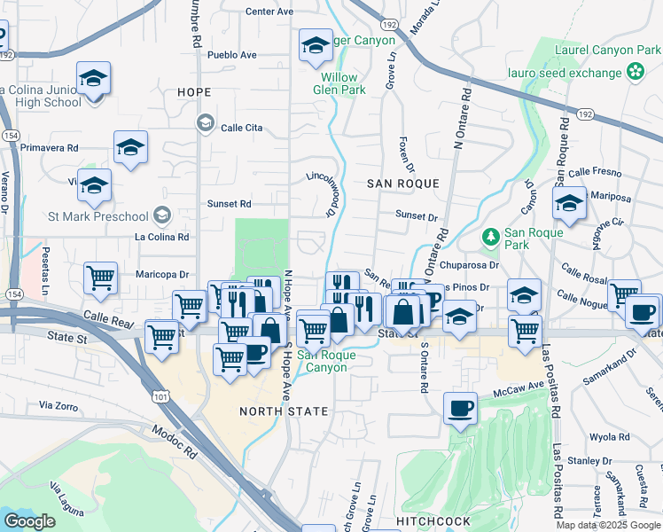 map of restaurants, bars, coffee shops, grocery stores, and more near 3746 San Remo Drive in Santa Barbara