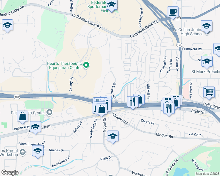 map of restaurants, bars, coffee shops, grocery stores, and more near 205 El Sueno Road in Santa Barbara