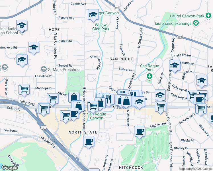 map of restaurants, bars, coffee shops, grocery stores, and more near 3718 San Remo Drive in Santa Barbara