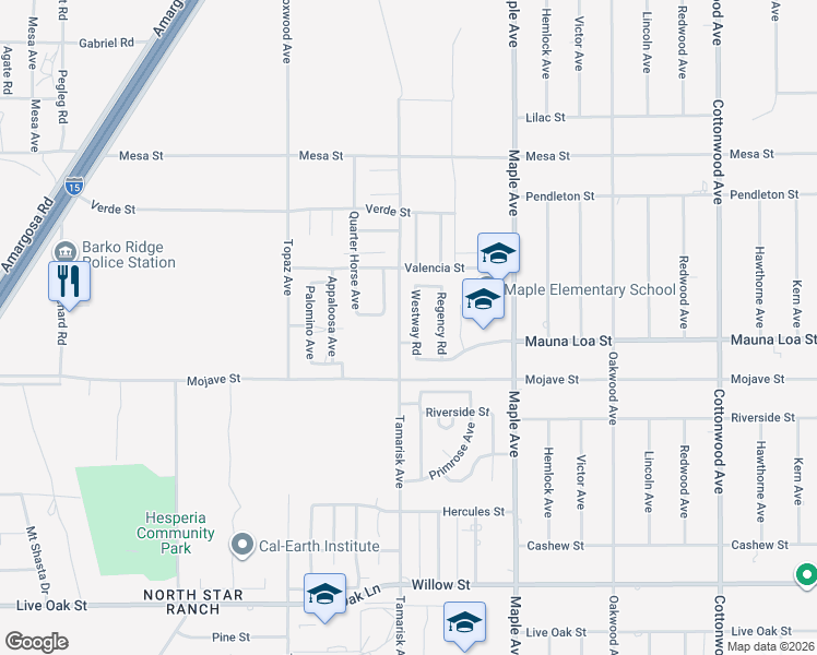 map of restaurants, bars, coffee shops, grocery stores, and more near 10594 Westway Road in Hesperia