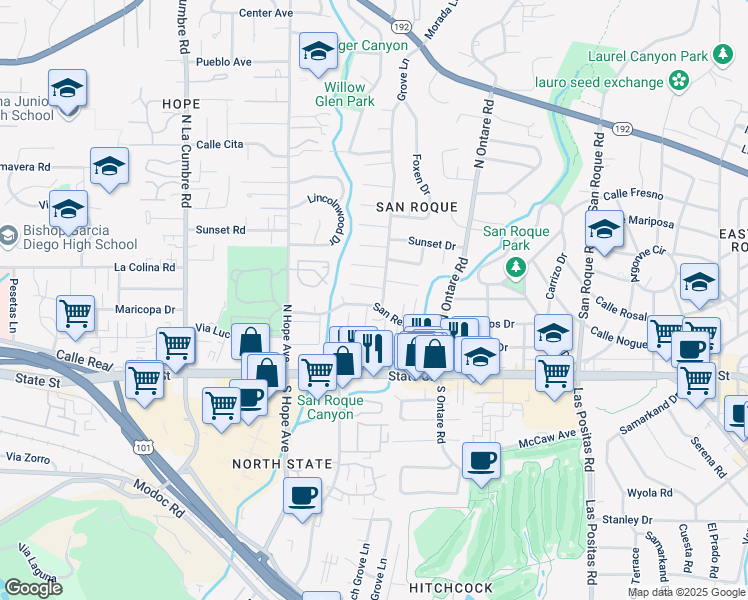 map of restaurants, bars, coffee shops, grocery stores, and more near 3710 San Remo Drive in Santa Barbara