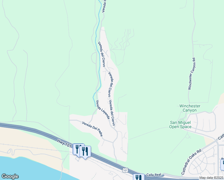 map of restaurants, bars, coffee shops, grocery stores, and more near 386 Vereda del Ciervo in Goleta