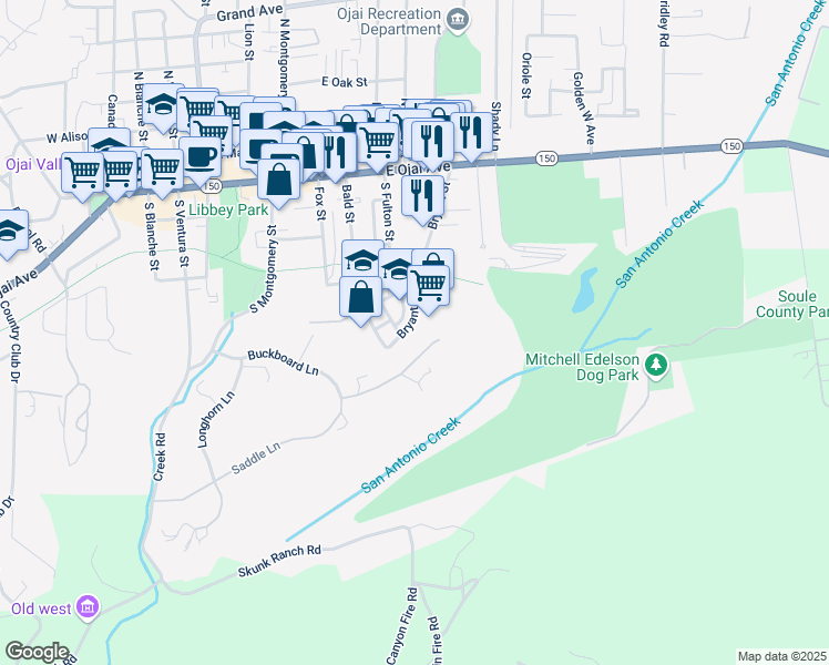 map of restaurants, bars, coffee shops, grocery stores, and more near 408 Bryant Circle in Ojai