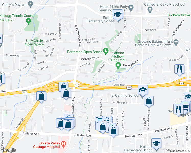 map of restaurants, bars, coffee shops, grocery stores, and more near 255 Ribera Drive in Santa Barbara