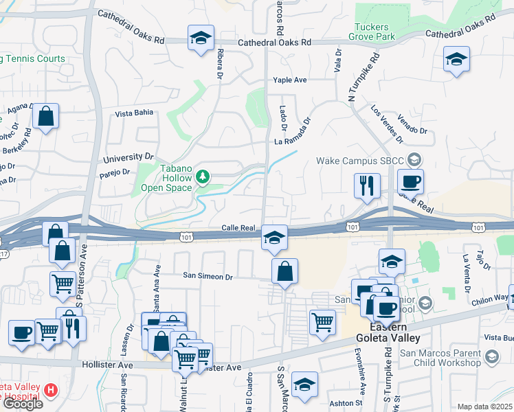 map of restaurants, bars, coffee shops, grocery stores, and more near 71 North San Marcos Road in Santa Barbara