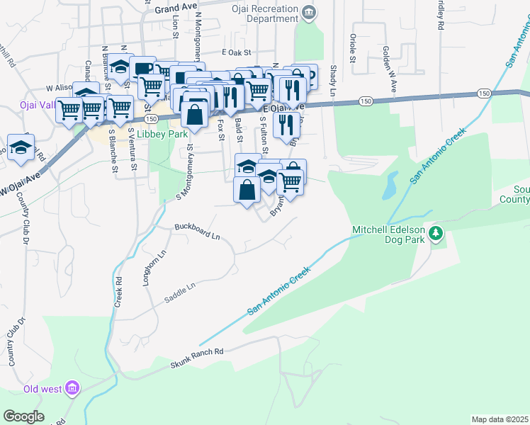 map of restaurants, bars, coffee shops, grocery stores, and more near 418 Bryant Circle in Ojai