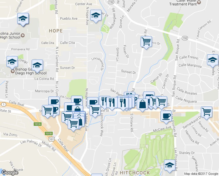 map of restaurants, bars, coffee shops, grocery stores, and more near 3718 San Remo Drive in Santa Barbara