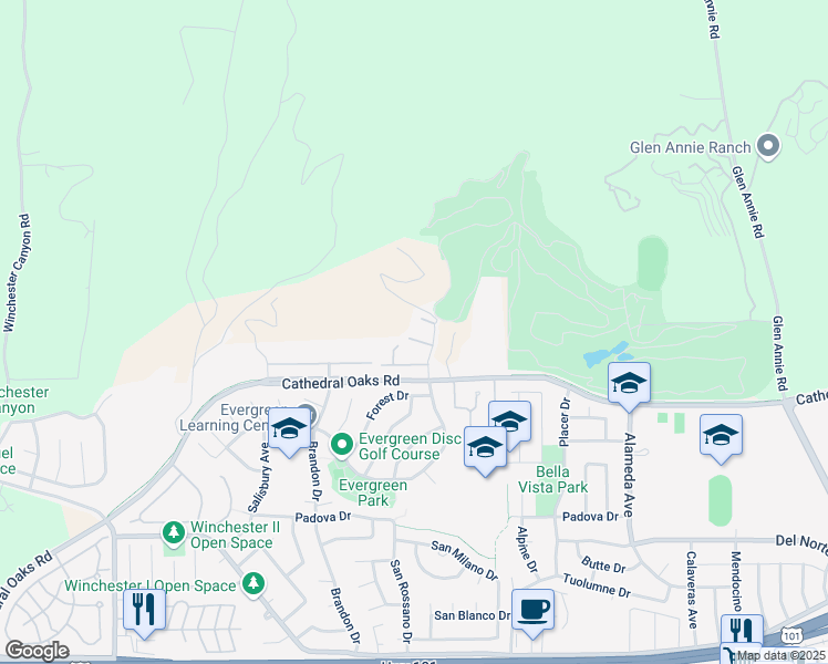 map of restaurants, bars, coffee shops, grocery stores, and more near 397 Northgate Drive in Goleta