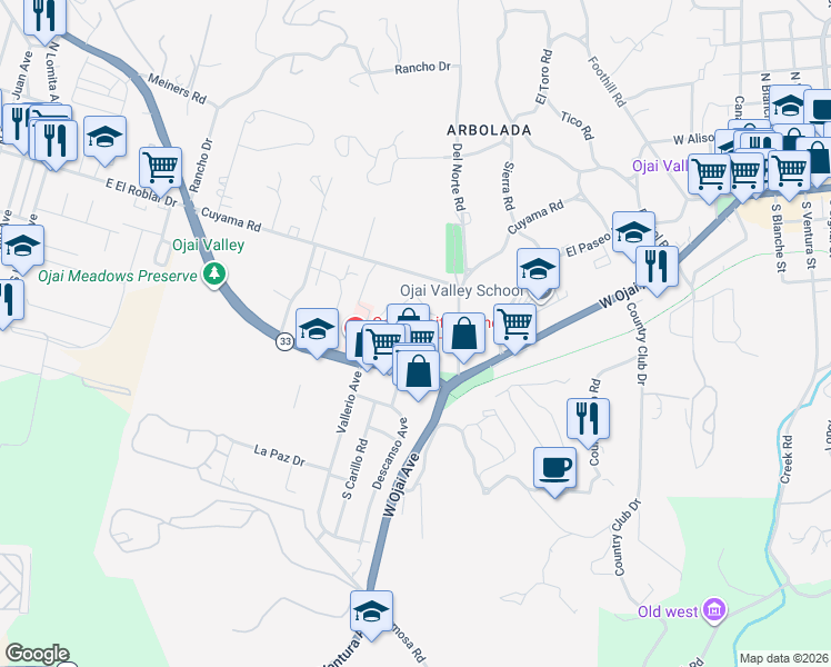 map of restaurants, bars, coffee shops, grocery stores, and more near 202 South Carillo Road in Ojai