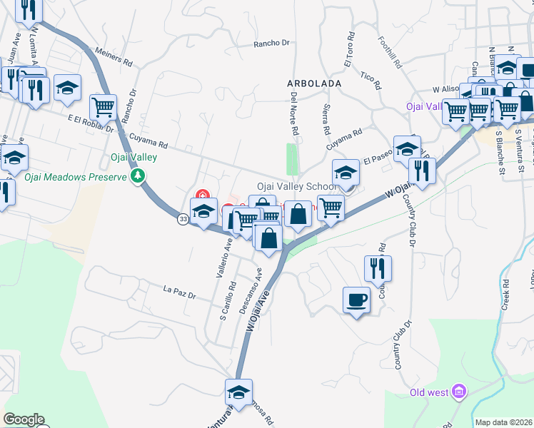 map of restaurants, bars, coffee shops, grocery stores, and more near 202 North Carrillo Road in Ojai