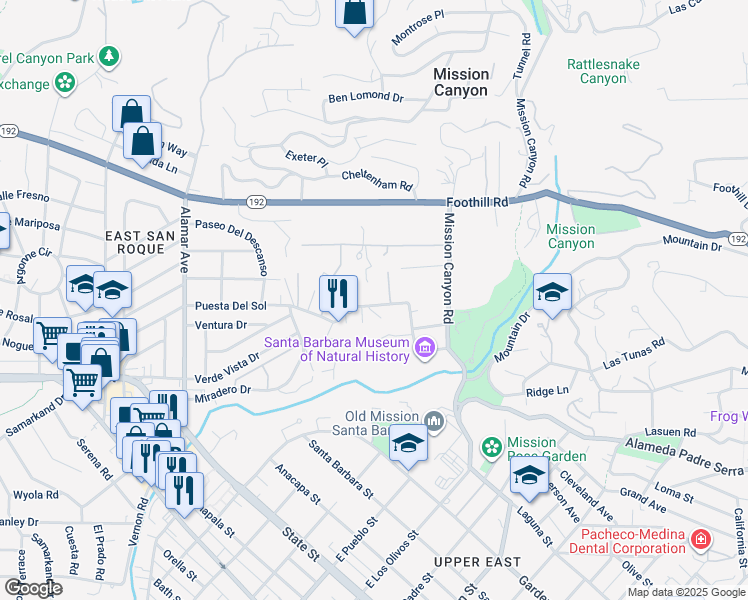 map of restaurants, bars, coffee shops, grocery stores, and more near 2674 Puesta Del Sol in Santa Barbara