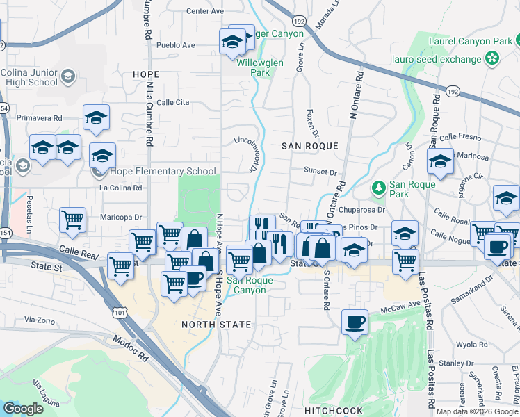 map of restaurants, bars, coffee shops, grocery stores, and more near 3740 San Remo Drive in Santa Barbara