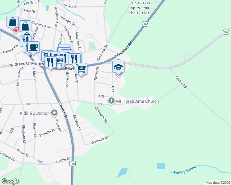 map of restaurants, bars, coffee shops, grocery stores, and more near 110 U Street in Honea Path