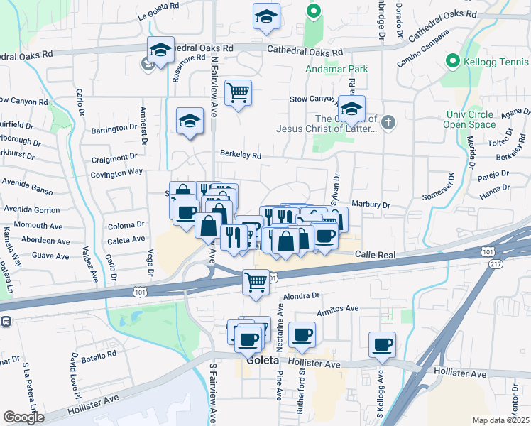 map of restaurants, bars, coffee shops, grocery stores, and more near 206 Moreton Bay Lane in Goleta