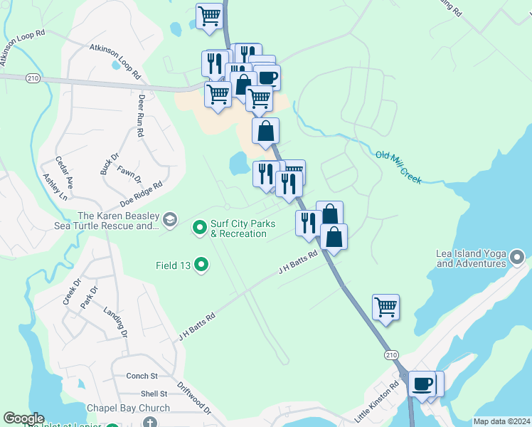 map of restaurants, bars, coffee shops, grocery stores, and more near 401 Triton Lane in Surf City