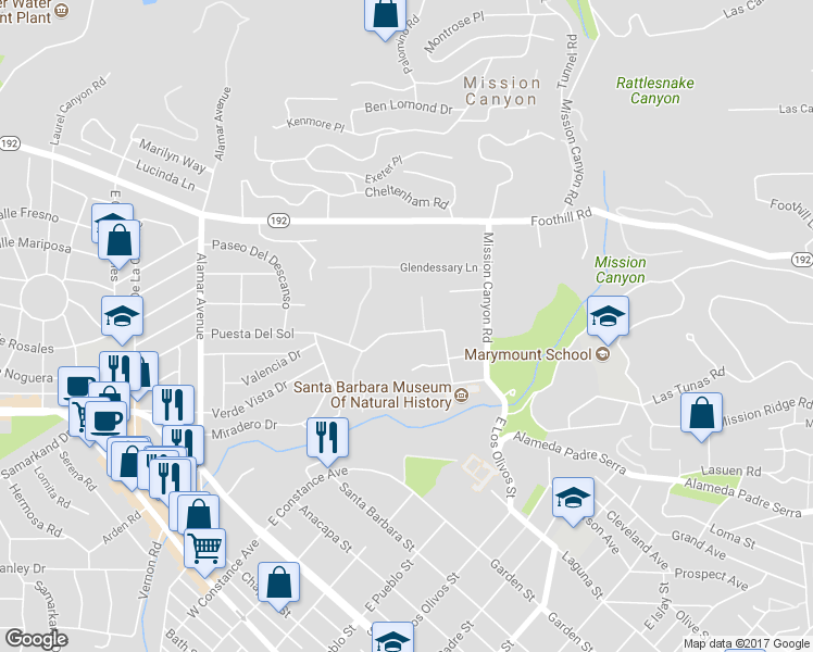 map of restaurants, bars, coffee shops, grocery stores, and more near 2674 Puesta Del Sol in Santa Barbara