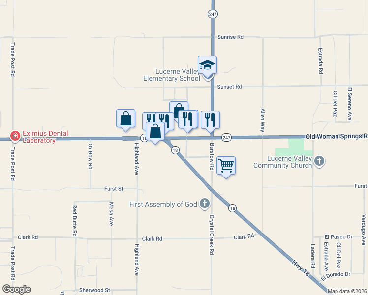 map of restaurants, bars, coffee shops, grocery stores, and more near 32733 California 18 in Lucerne Valley