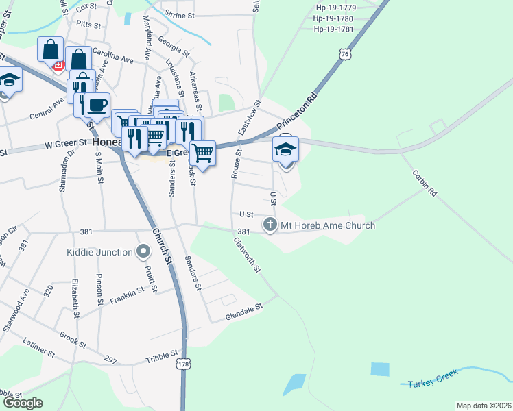 map of restaurants, bars, coffee shops, grocery stores, and more near 13 U Street in Honea Path