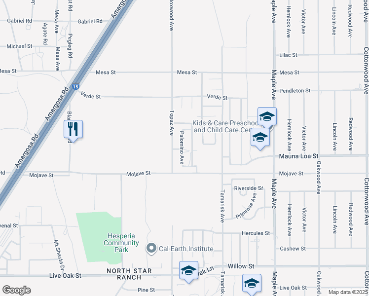 map of restaurants, bars, coffee shops, grocery stores, and more near 10609 Palomino Avenue in Hesperia