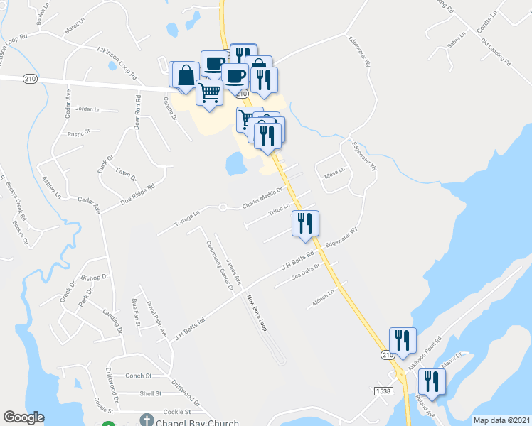 map of restaurants, bars, coffee shops, grocery stores, and more near 202 Triton Lane in Surf City
