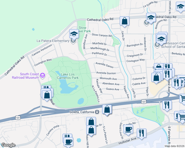 map of restaurants, bars, coffee shops, grocery stores, and more near 6298 Momouth Avenue in Goleta