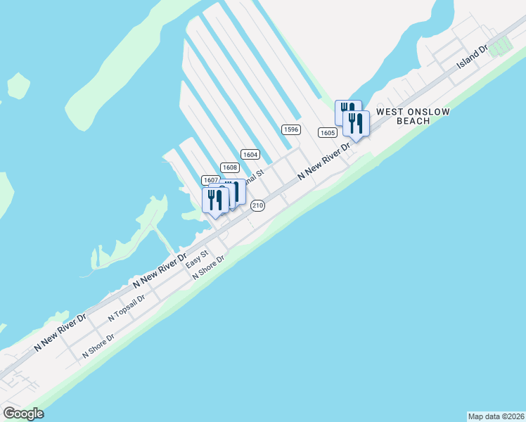 map of restaurants, bars, coffee shops, grocery stores, and more near 1808 North New River Drive in Surf City