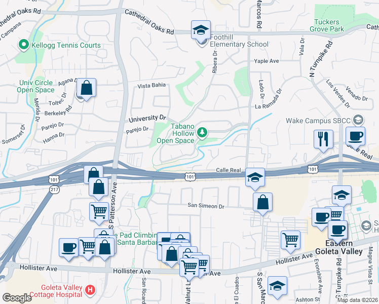 map of restaurants, bars, coffee shops, grocery stores, and more near 5126 Matorral Way in Santa Barbara