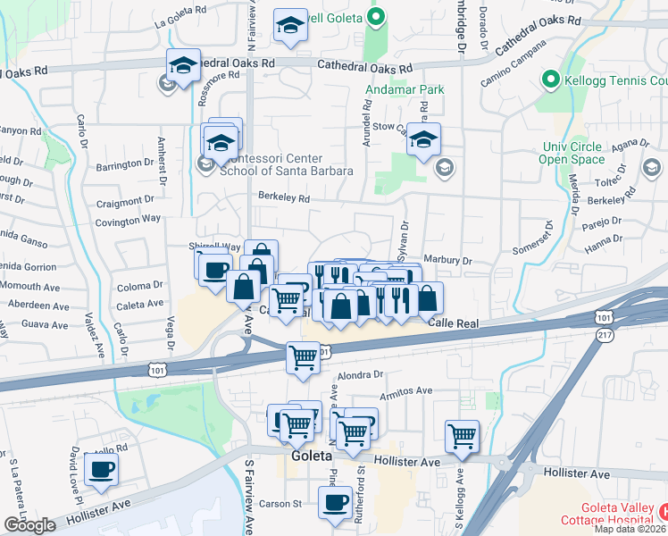 map of restaurants, bars, coffee shops, grocery stores, and more near 5788 Encina Road in Goleta