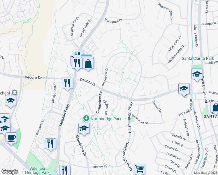 map of restaurants, bars, coffee shops, grocery stores, and more near 27504 Courtview Drive in Santa Clarita