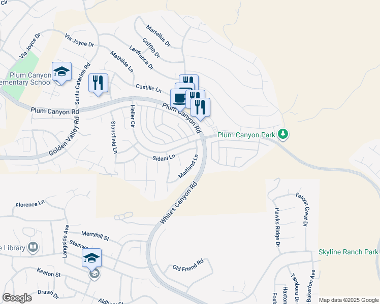 map of restaurants, bars, coffee shops, grocery stores, and more near 19316 Sidani Lane in Santa Clarita