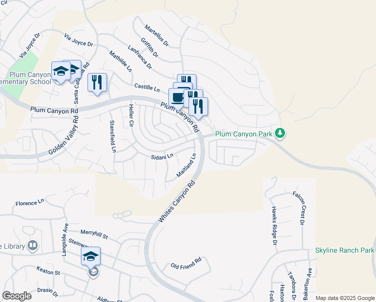 map of restaurants, bars, coffee shops, grocery stores, and more near 19316 Sidani Lane in Santa Clarita