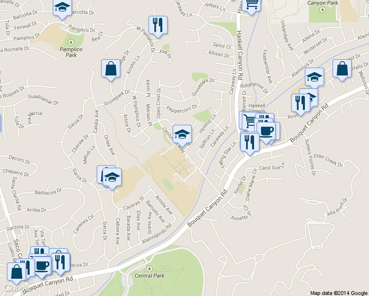 map of restaurants, bars, coffee shops, grocery stores, and more near 21903 Centurion Way in Santa Clarita