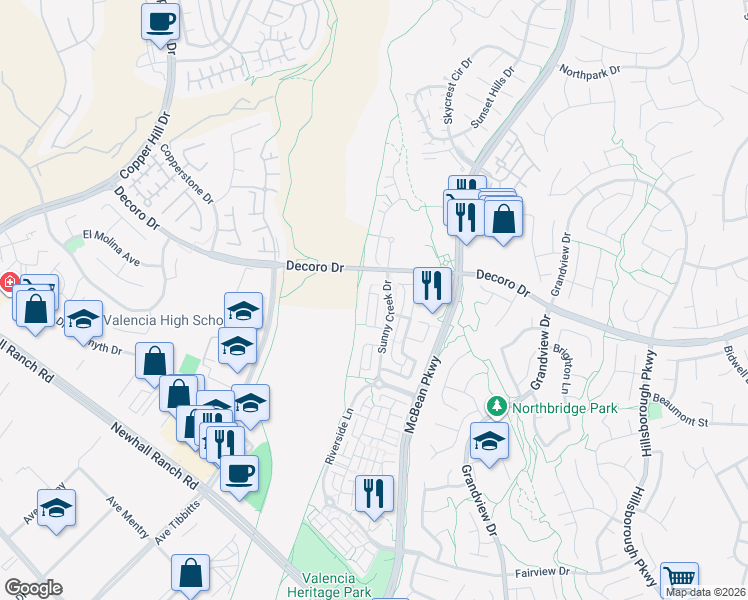 map of restaurants, bars, coffee shops, grocery stores, and more near 27640 Cobblestone Court in Santa Clarita