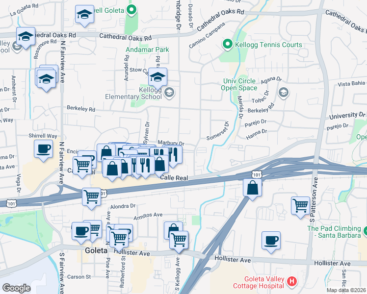 map of restaurants, bars, coffee shops, grocery stores, and more near 169 North Kellogg Avenue in Goleta