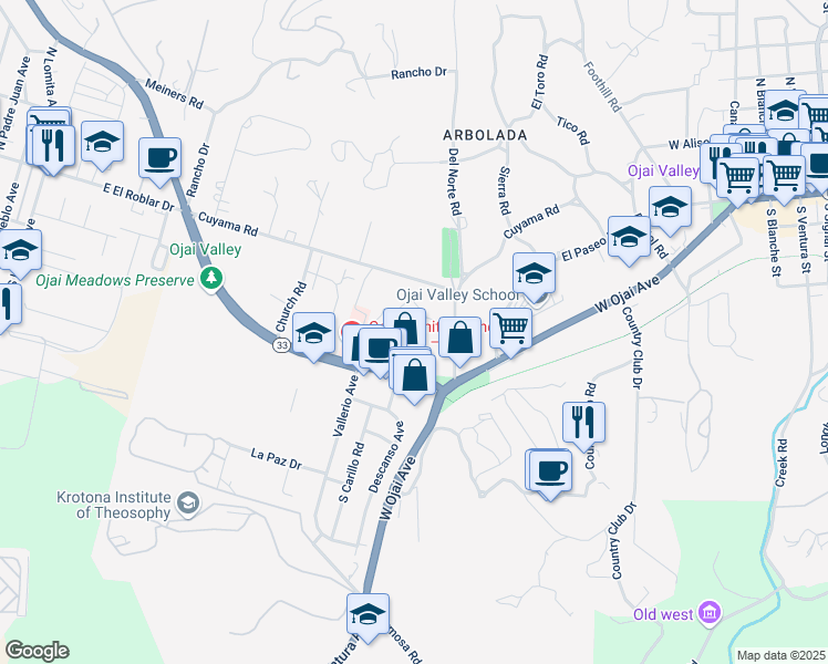 map of restaurants, bars, coffee shops, grocery stores, and more near 202 North Carrillo Road in Ojai