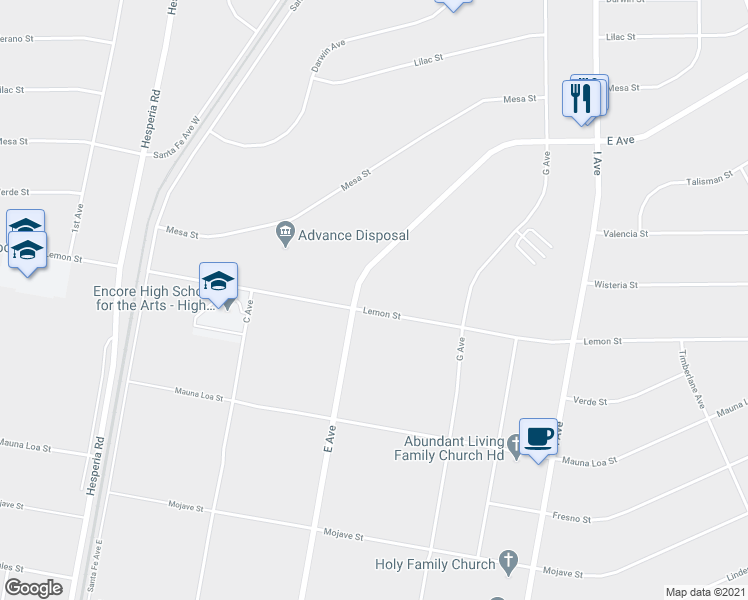 map of restaurants, bars, coffee shops, grocery stores, and more near 17250 Lemon Street in Hesperia