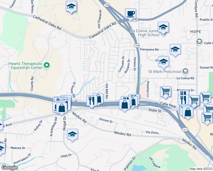 map of restaurants, bars, coffee shops, grocery stores, and more near 210 Old Mill Road in Goleta